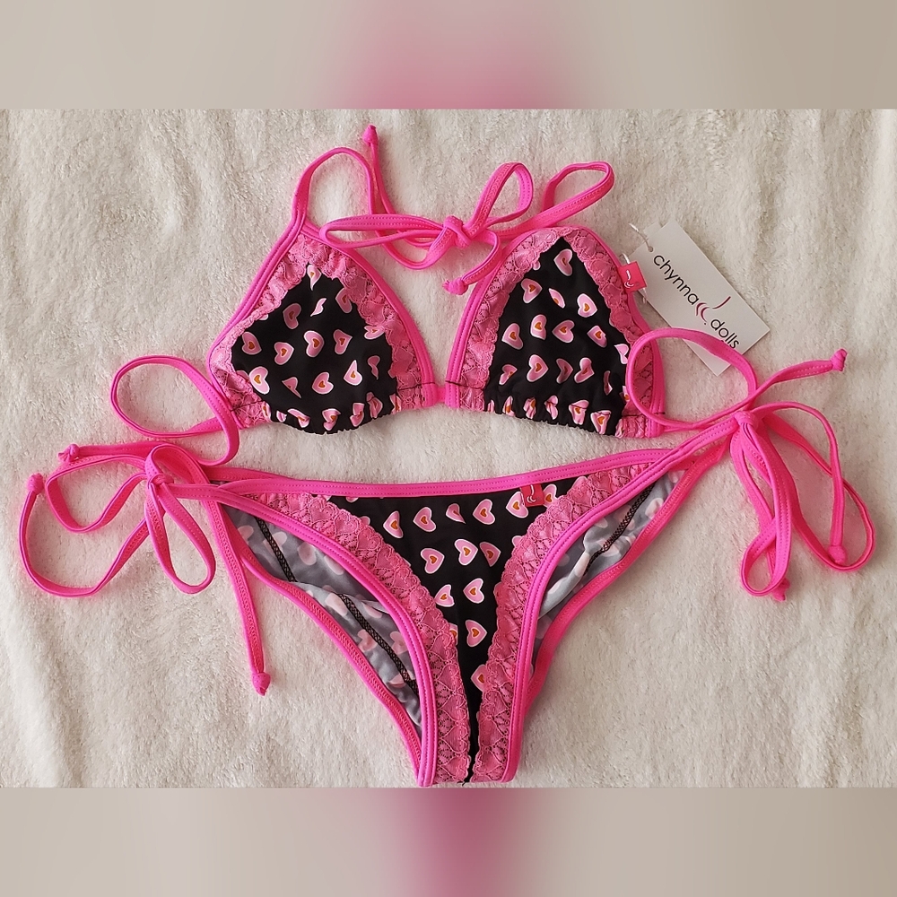 Chynna Dolls Black with Pink Hearts Bikini Set